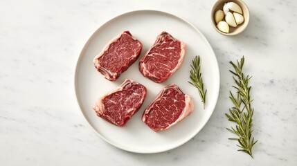 A high-angle shot of raw lamb chops arranged on a clean white plate, with rosemary sprigs and garlic cloves adding a touch of natural decoration