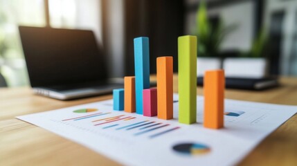 Fototapete - A high-angle view of a colorful D bar graph on a sleek office desk, with documents and a laptop in the background, representing business strategy and progress.