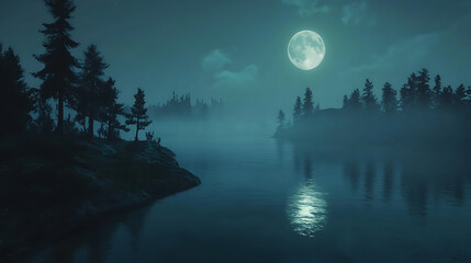 Wall Mural - moonlit bay with calm water reflecting the glowing full moon, surrounded by silhouetted trees