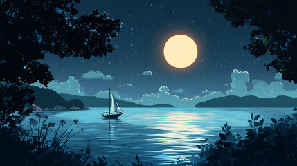 Wall Mural - serene bay under a moonlit sky with the silhouette of a distant boat and gentle waves, creating a ca