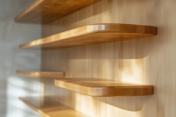 Wall Mural - Close-up shot of a wooden shelf with multiple compartments, ideal for use in interior design or product photography