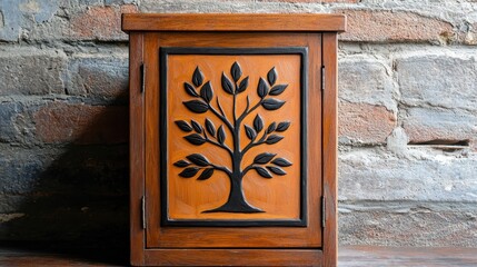 Wall Mural - A wooden box with an intricate tree design on its front, set against a textured brick background.