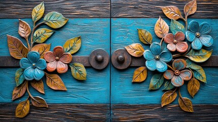 Wall Mural - A vibrant wooden door with intricate floral carvings in blue, orange, and green, showcasing artistic craftsmanship and natural beauty.