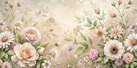 Wall Mural - Pastel Floral Tapestry A Delicate Arrangement of Roses, Daisies, and Other Blooms in Soft Hues, Creating a Serene and Elegant Botanical Masterpiece