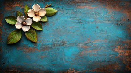 Wall Mural - A serene blue background adorned with delicate white flowers and green leaves, evoking a sense of tranquility and natural beauty.