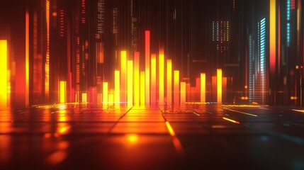 Fototapete - A high-tech D bar chart with luminous bars arranged in a smooth, upward trend, set against a dark, futuristic financial dashboard