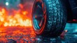 © THE STARBOY94 - A close-up of a car tire with smoke and flames in the background, creating a dramatic and intense atmosphere with vibrant colors.
