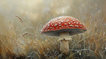 Poster - A low-angle view of a mushroom surrounded by dew-laden grass, with soft morning light highlighting the water droplets on its cap