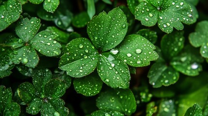 Poster - A macro shot of a cluster of leaves with dew drops on a wet garden bed, emphasizing the freshness and vibrancy of the gardens foliage.