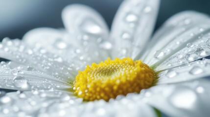 Poster - A macro shot of a daisy with dew drops on its white petals, capturing the intricate details of the water droplets reflecting sunlight.