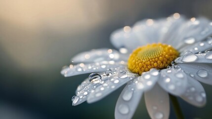 Poster - A macro shot of a daisy with dew drops on its white petals, capturing the intricate details of the water droplets reflecting sunlight.