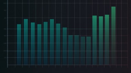 Fototapete - A row of vertical bars in a gradient from blue to green, symbolizing financial performance over time, with a subtle grid background for a professional look