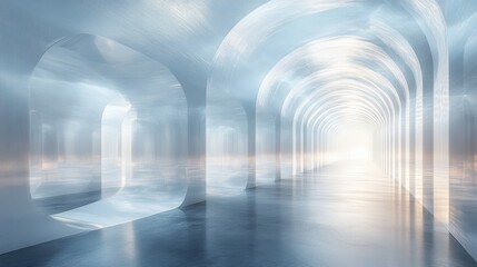 Aufkleber - A surreal interior scene featuring ethereal arches and soft lighting, evoking a sense of tranquility and dreamlike beauty in an expansive space.