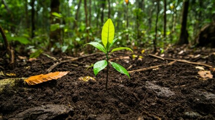 Poster - A sapling growing in a small patch of cleared forest floor, surrounded by rich, dark soil and scattered fallen branches, symbolizing new life