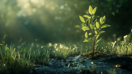 Poster - A serene image of a freshly planted sapling in a peaceful meadow, with dew-covered grass and soft morning light illuminating the scene