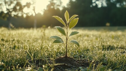 Poster - A serene image of a freshly planted sapling in a peaceful meadow, with dew-covered grass and soft morning light illuminating the scene