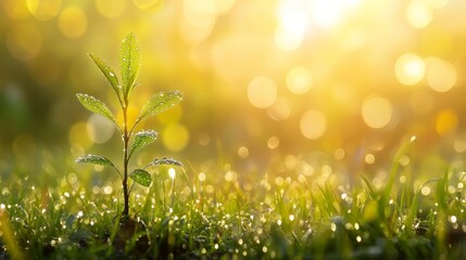 Poster - A serene image of a freshly planted sapling in a peaceful meadow, with dew-covered grass and soft morning light illuminating the scene