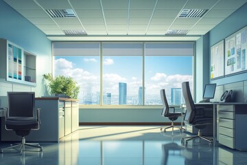 Wall Mural - Modern office, cityscape view, sunny day, workstations