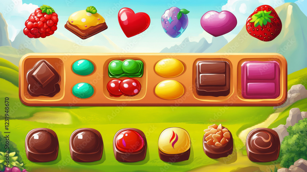 Ui candy match game interface with button and icon vector cartoon ...