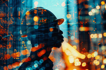 Wall Mural - generative ai double exposure picture showing a silhouette of a worker against city lights backdrop