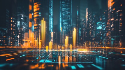 Poster - A set of metallic D bars in a financial chart rising steadily in height, with a dark, futuristic background and glowing digital data points floating around