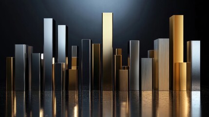 Fototapete - A set of metallic D bar graphs in gold and silver colors, standing tall on a reflective surface, representing business performance and wealth growth.