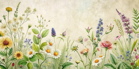 Poster - A vibrant illustration of a diverse array of wildflowers, artistically arranged in a lush botanical composition on a textured background