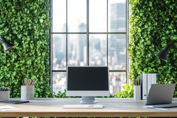 Wall Mural - Green wall office desk, city view, computer mockup