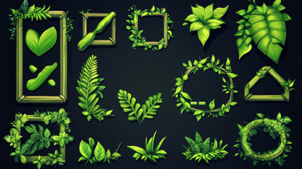 Game buttons and frames with green borders and leaves. Design elements and assets with plants for user interface. Vector cartoon set of bars, check and cross marks and panels