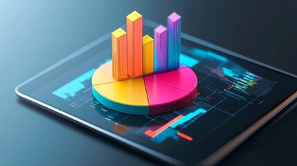 Aufkleber - A vibrant D pie chart popping out of a tablet screen, showcasing interactive data analysis with colorful segments and percentages.