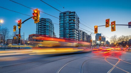 Poster - A wide-angle view of multiple traffic lights at an intersection, showcasing various colors, with cars and buildings blurred in motion in the background