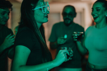 Poster - A group of friends celebrating a birthday party with excitement, wearing fun party glasses and holding drinks, capturing a joyful and festive atmosphere.