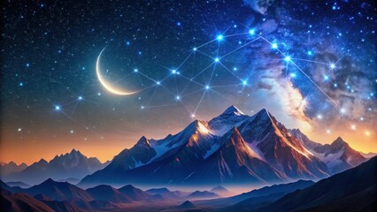 Wall Mural - Celestial Convergence A Crescent Moon, Starry Constellation, and Majestic Mountain Range Under a Night Sky