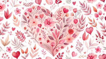 Poster - A Delicate Watercolor Heart Shaped Floral Arrangement with Pink and Red Hues