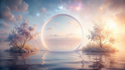 Wall Mural - Serene Waterscape A Celestial Ring Encircles Tranquil Trees Reflecting in Calm Water Under a Starry Dawn