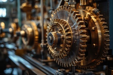 Poster - Close up view of interlocking gears rotating in complex machinery