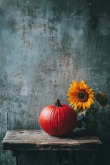 Sticker - Red Pumpkin On Wooden Table