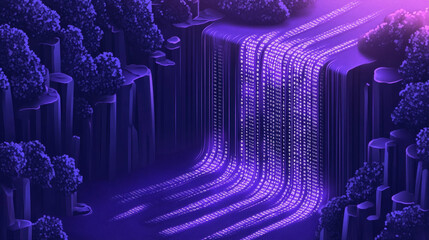 Big data waterfall or cascade, digital binary code data flow analysis visualization, isometric vector illustration. Ultraviolet horizontal banner with streams of numbers, abstract purple background