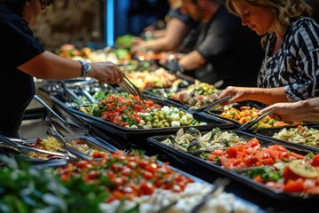 Wall Mural - People choosing food at hotel or restaurant buffet, using serving tongs