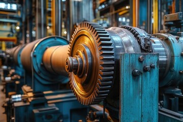 Fototapete - Large gear rotating and transferring power in industrial machinery