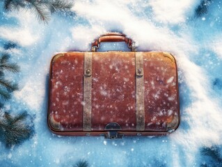 Sticker - Brown suitcase on snowy ground