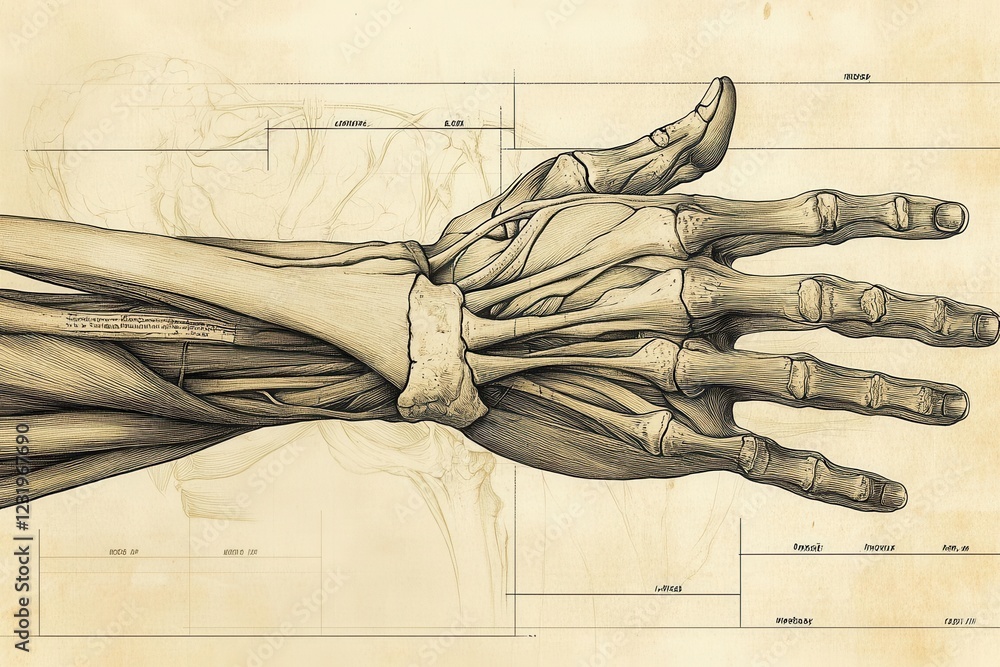 anatomical illustration of human hand, detailed musculature and tendons ...