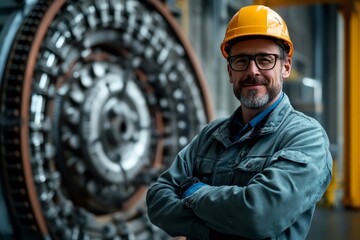 Poster - Portrait of confident industrial engineer smiling with crossed arms in modern factory