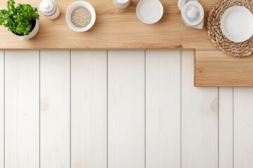 Wall Mural - A Pristine White Wooden Kitchen Table with Utensils, a Modern Aesthetic