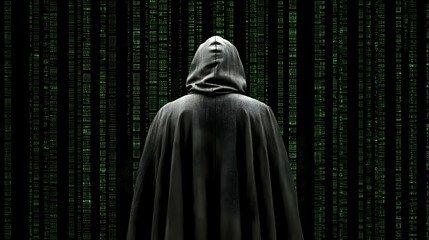 Hooded figure facing digital rain, cybersecurity concept