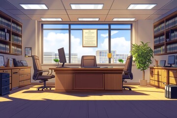 Wall Mural - Sunny office meeting room, city view, animation background