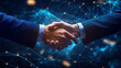 © Sher - Two businessmen shaking hands against a backdrop of digital technology, symbolizing collaboration and partnership in the modern business world.