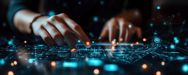 Poster - A person using a tablet with holographic digital icons around, representing the interconnectedness and flow of data in the digital ecosystem