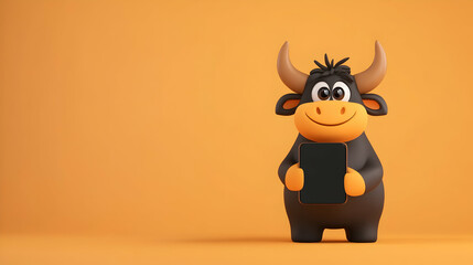 Cartoon bull holding phone, orange background, blank screen, advertisement