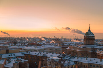 Wall Mural - View from above of the Kazan Cathedral and the seaport from the Duma Tower. Frosty winter evening.